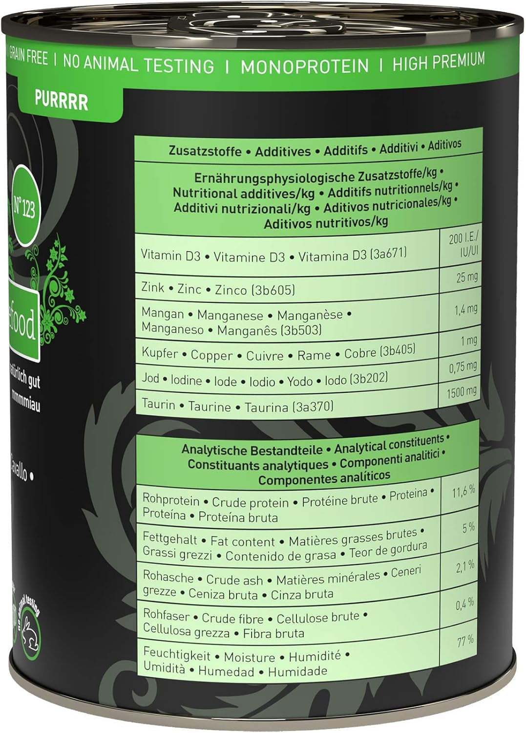 Alimento umido per gatti Catz Finefood Purrrr Horse Monoprotein n. 123, per gatti con digestione sensibile, contenuto carne 70%, 6 scatole x 400 g
