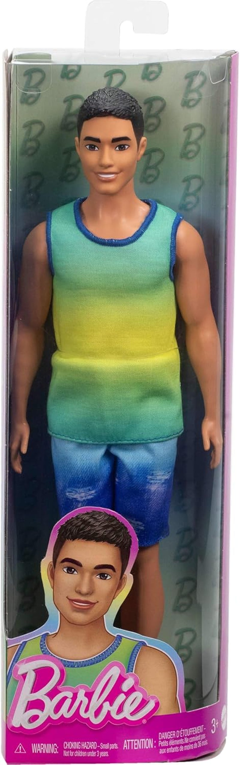 Ken Barbie Fashionistas bambola n. 236 con capelli neri, canotta verde acqua sfumata, shorts in denim e scarpe da ginnastica argentate, HYV00