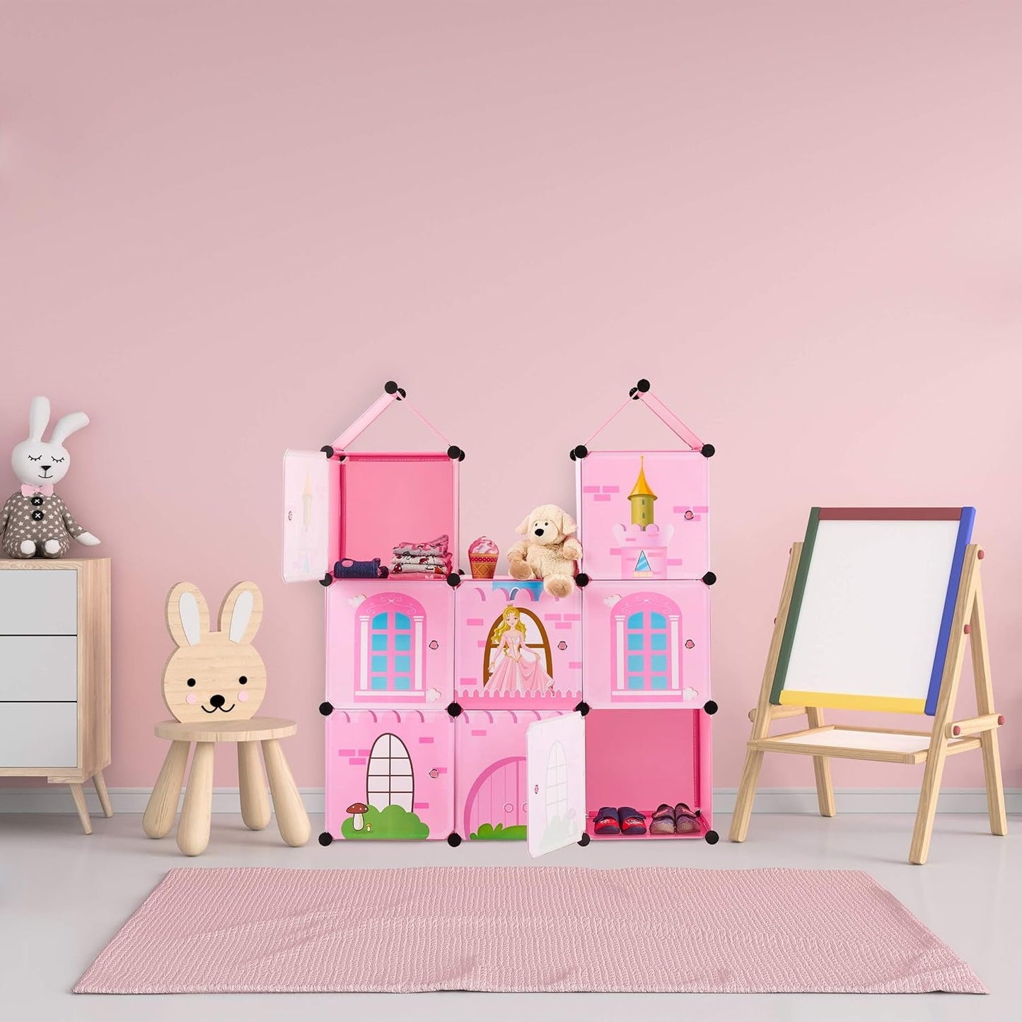 Scaffale modulare Relaxdays per la cameretta dei bambini, design castello principessa, plastica, armadio fai da te con ante, HL: 128 x 110 x 37 cm, rosa