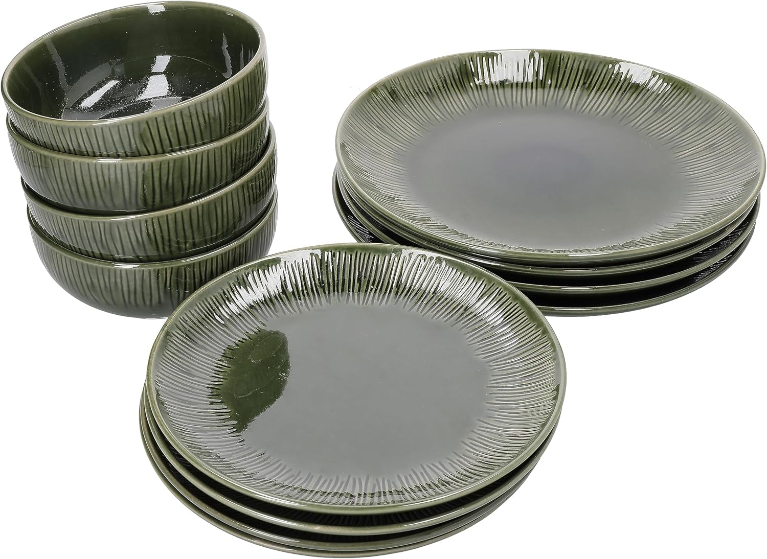 Mikasa Jardin Servizio Piatti 12 Pezzi, Servizio Piatti in Gres per 4 Persone con Piatti, Piattini e Ciotole, Verde - Confezione Regalo e Lavabile in Lavastoviglie