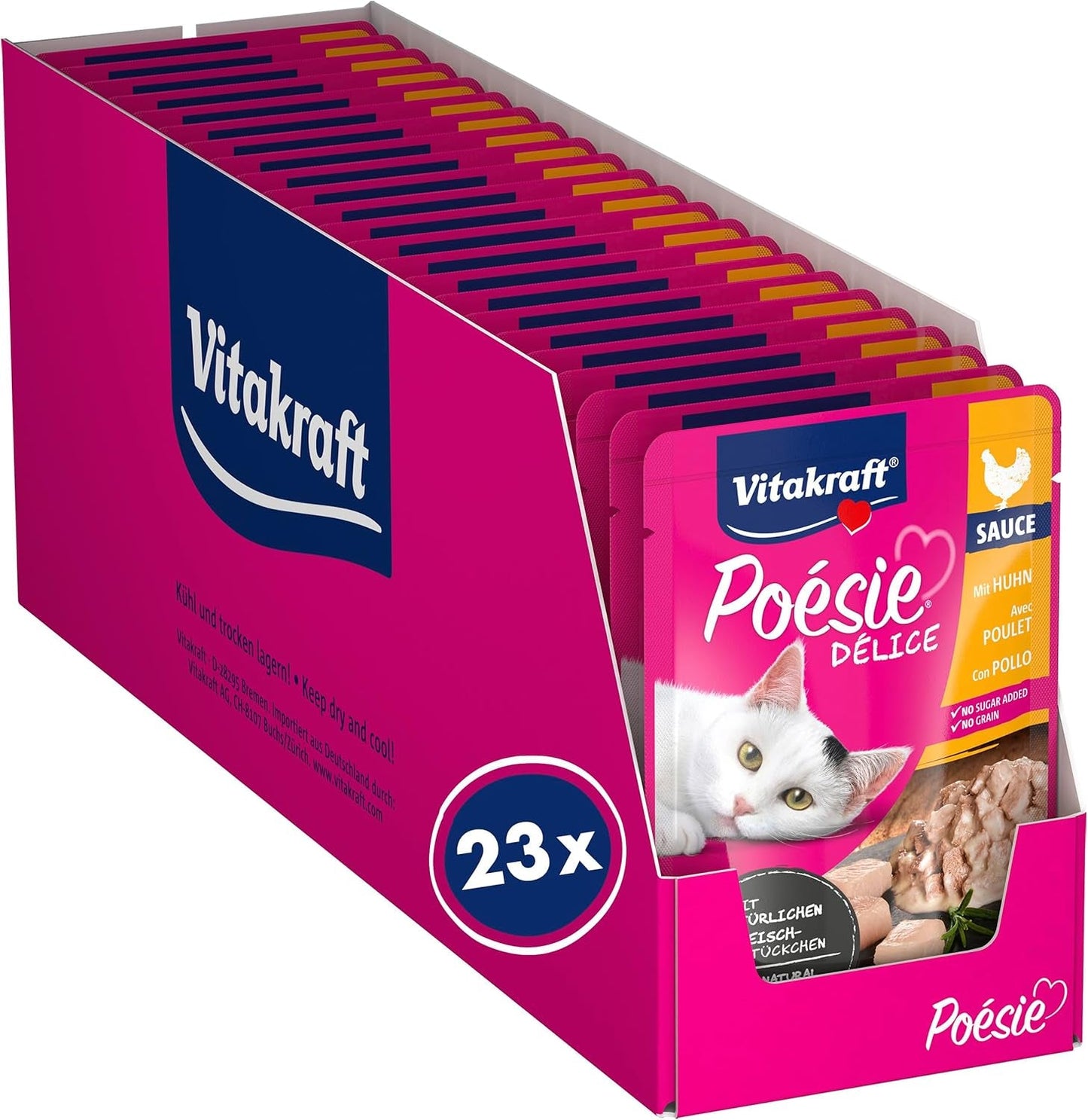 Vitakraft Poésie Délice, Nassfutter Katze, Katzennassfutter in salsa, con pollo, Vorratspackung, ohne Zusatz von Zucker und Getreide (23x 85g)