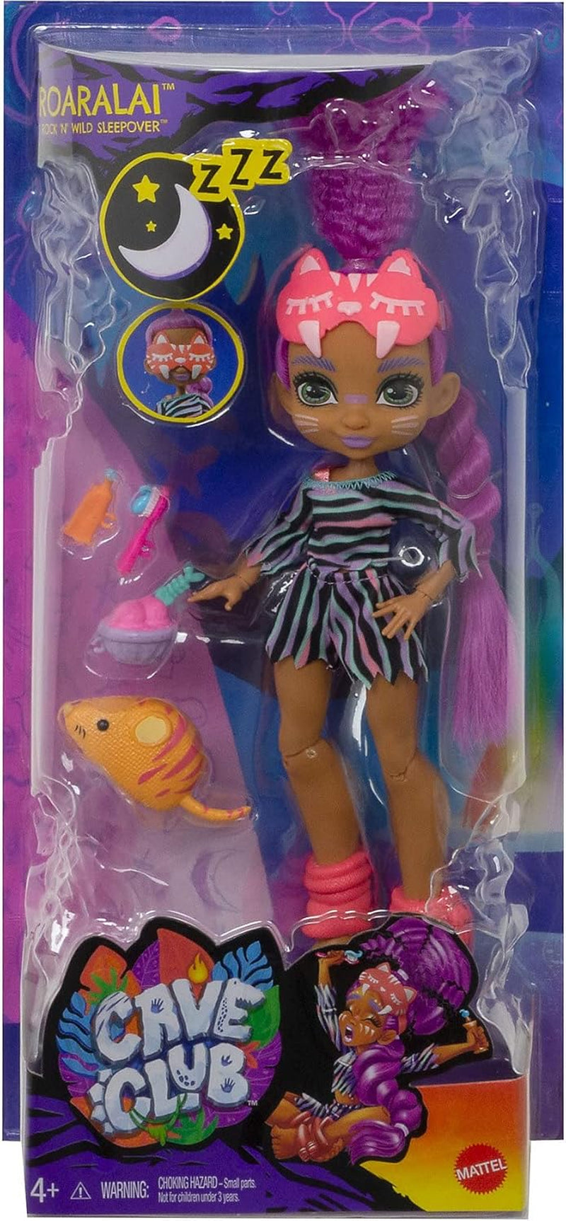 Cave Club GTH02 - Roaralai Pyjama Party Fun Doll, bambola articolata con capelli viola e accessori, regalo per bambini dai 4 anni in su, multicolore
