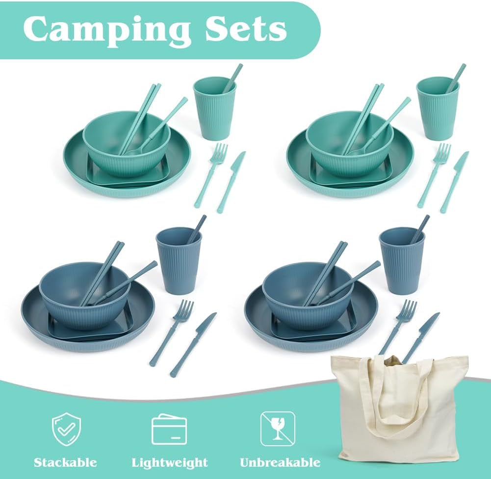 Set di stoviglie da campeggio per 4 persone da 53 pezzi, stoviglie da campeggio indistruttibili per 4 persone, set di stoviglie in plastica leggera con borsa per il trasporto, piatti e ciotole impilabili, stoviglie da picnic da giardino per barbecue
