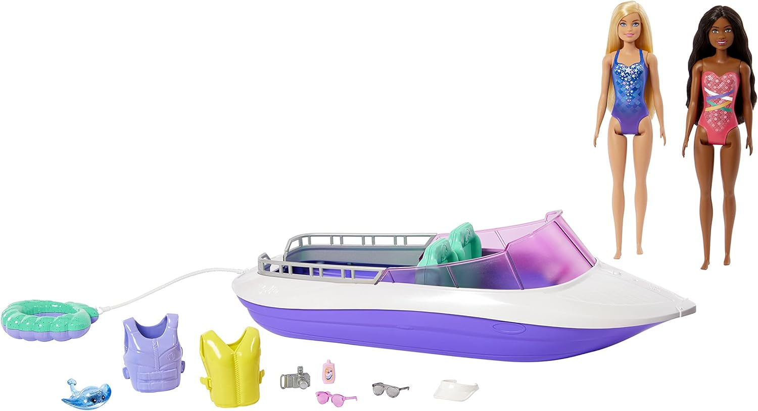 Barbie HHG60 - Barca a Motore Sirena con 2 Bambole (Bionda/Bruna) e Accessori Vari, Giocattolo per Bambini dai 3 Anni in su
