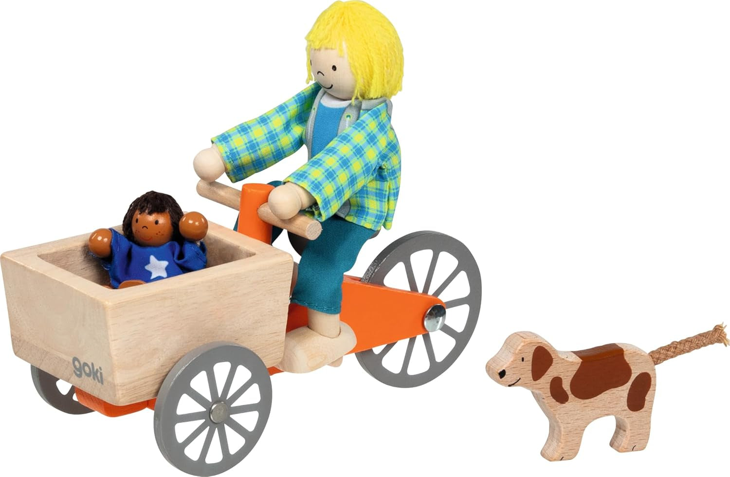 Bicicletta da carico con 2 bambole flessibili e cane: Bicicletta da carico: 16 x 6,8 x 7,5 cm, legno, stoffa, 4 pezzi, per set, marrone