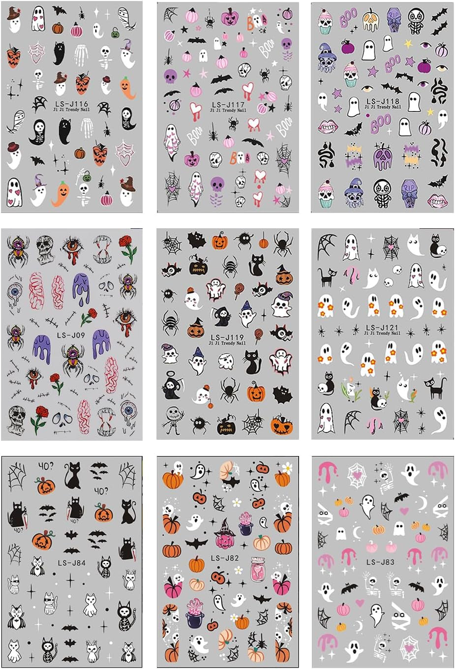 JMEOWIO Adesivo per unghie Halloween Süßer Geist 9 Blatt Nail Art Sticker Selbstklebend Nagelaufkleber Dekoration Nageldesign Zubehör