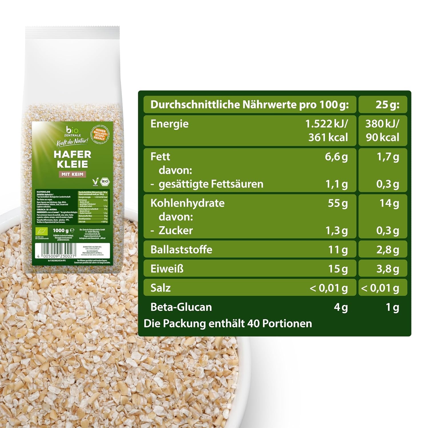 Crusca d'avena biologica Biocentral 1 kg | Pacchetto vantaggioso | Fonte proteica ad alto contenuto di fibre | Naturalmente vegano | Dall'agricoltura dell'UE | Basso contenuto di zucchero
