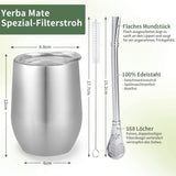 Tazza Modern Mate da 340 ml, Set di Tazze Yerba Mate in Acciaio Inossidabile a Doppia Parete coibentato, Tazza da tè Mate con Coperchio Senza BPA, Bombillas e una Spazzola per la Pulizia (Argento)