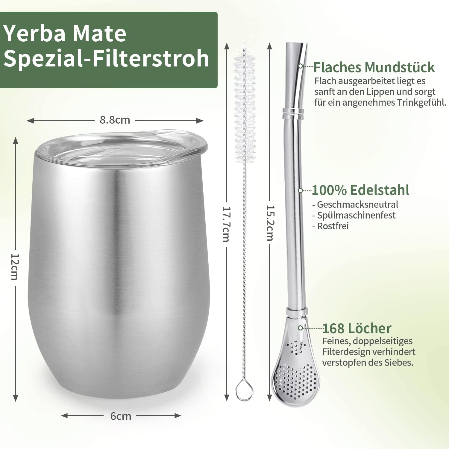 Tazza Modern Mate da 340 ml, Set di Tazze Yerba Mate in Acciaio Inossidabile a Doppia Parete coibentato, Tazza da tè Mate con Coperchio Senza BPA, Bombillas e una Spazzola per la Pulizia (Argento)