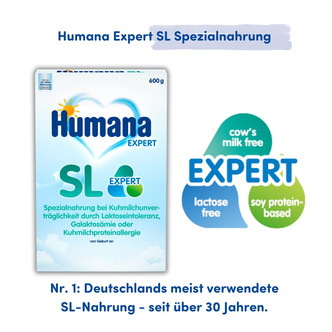 Humana SL Expert, dalla nascita, formula speciale per l'intolleranza al latte vaccino causata da intolleranza al lattosio, galattosemia o allergia alle proteine ​​del latte vaccino, per neonati e bambini piccoli, 600 g