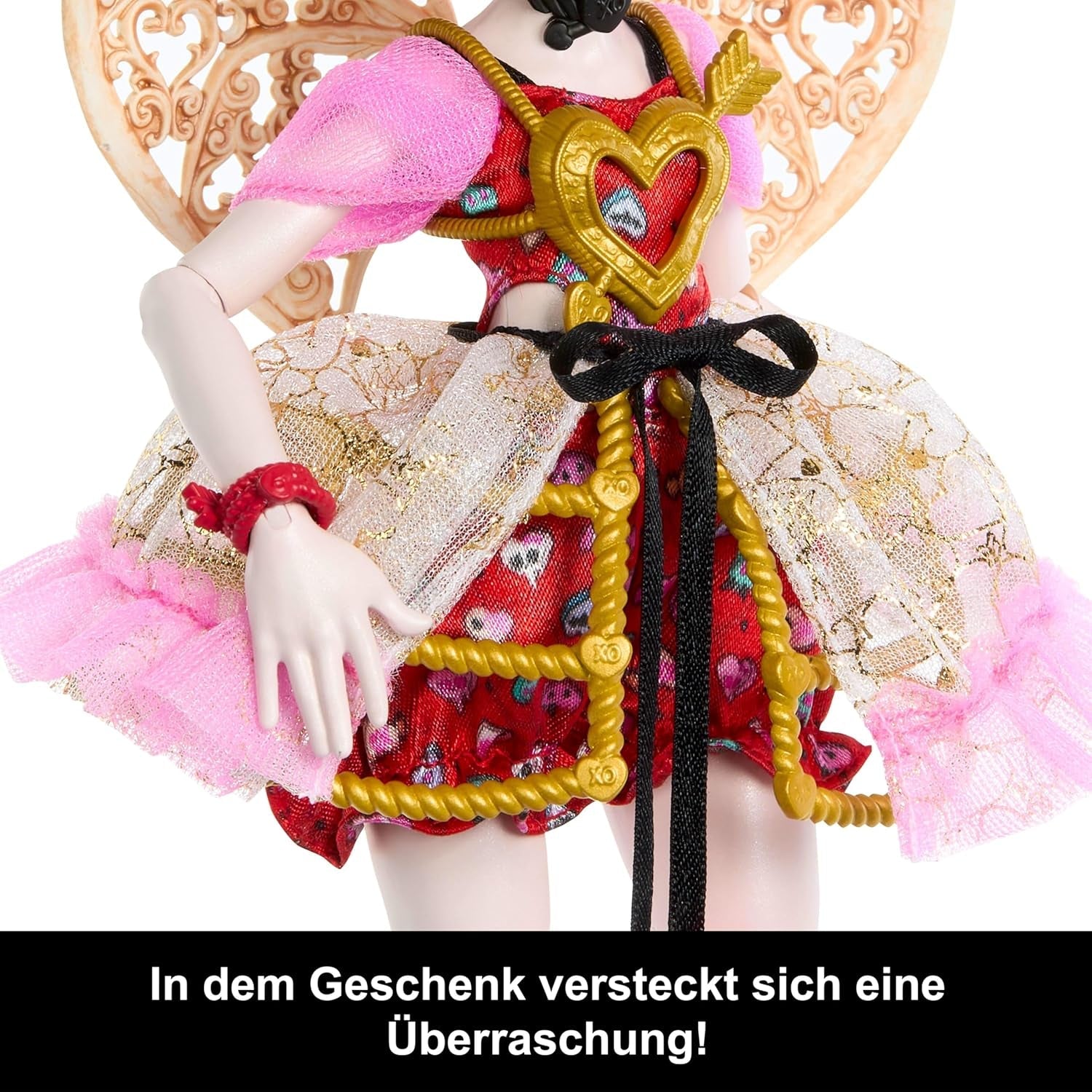 Monster High Scary Sweet Birthday Cupido Asteria bambola in abito da festa rosa e rosso con accessori a tema come invito, palloncino, regalo e altro, JBG77