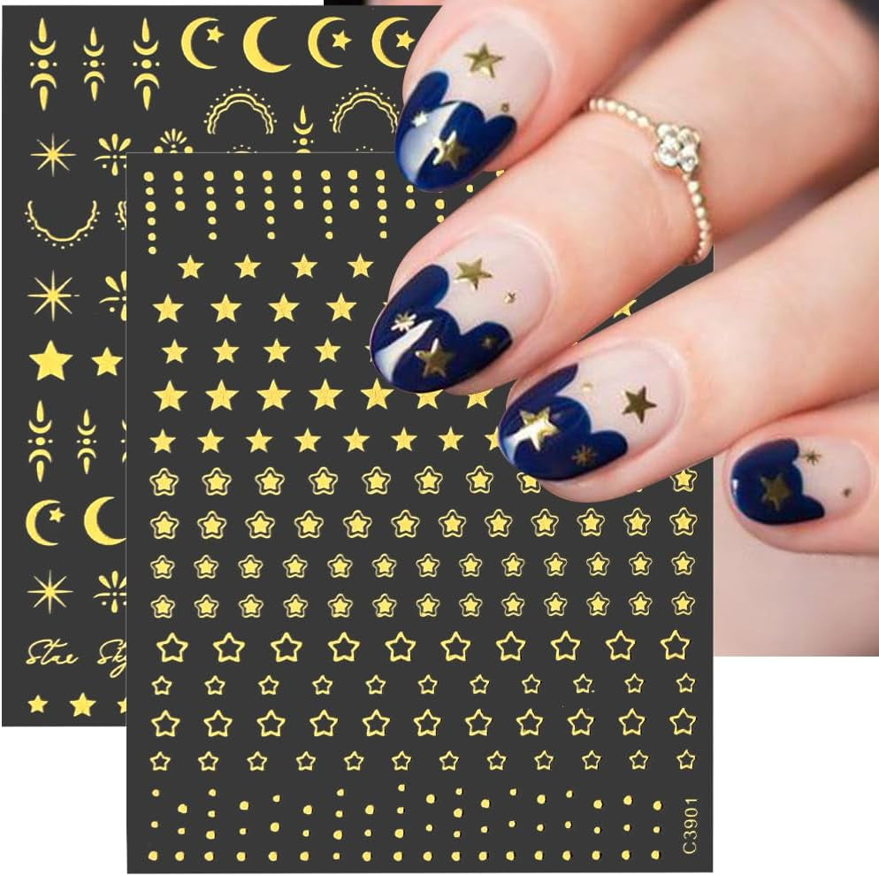 Fogli di adesivi per unghie con stella d'oro e luna, ali d'angelo, adesivi per unghie in oro marrone chiaro, stelle, lamina per unghie, adesivi per unghie, accessori per il design delle unghie, adesivi per unghie