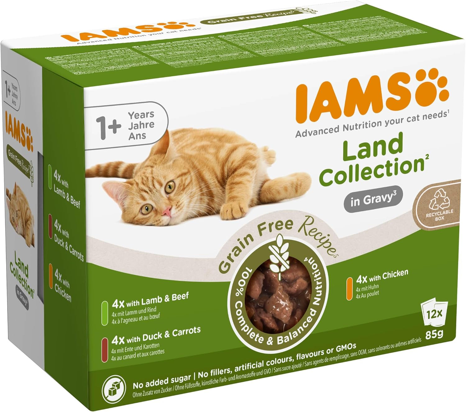 IAMS Delights Land Collection Cibo umido per gatti senza cereali - Confezione con varietà di carne Confezione multipla di cibo umido senza cereali per gatti da 1 anno in su 12 x 85 g