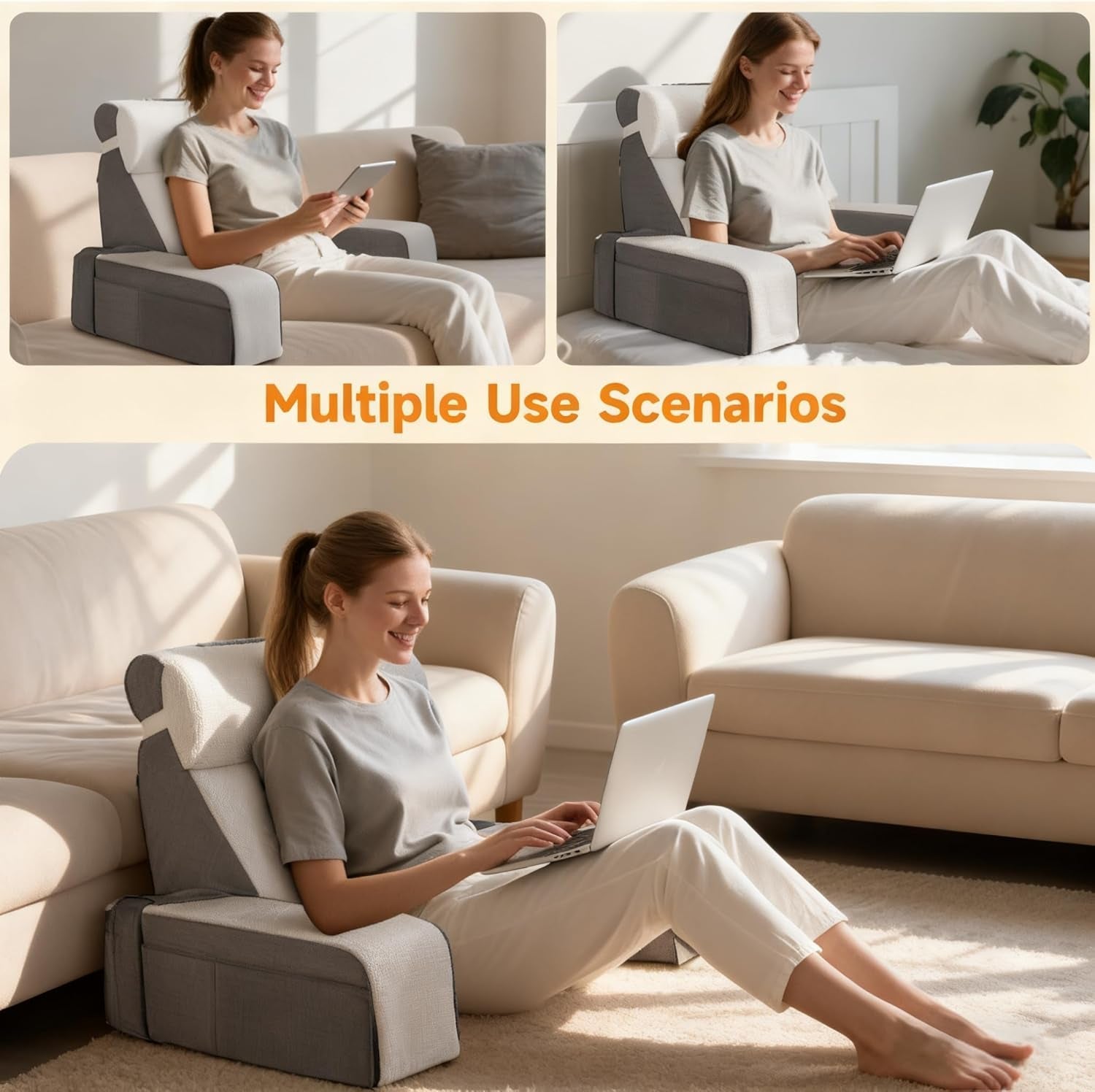 Ampio cuscino da lettura con supporto per collo e braccioli removibili, cuscino schienale per letto, cuscino schienale ergonomico con bracciolo, tasca e fodera lavabile per leggere e guardare la TV.