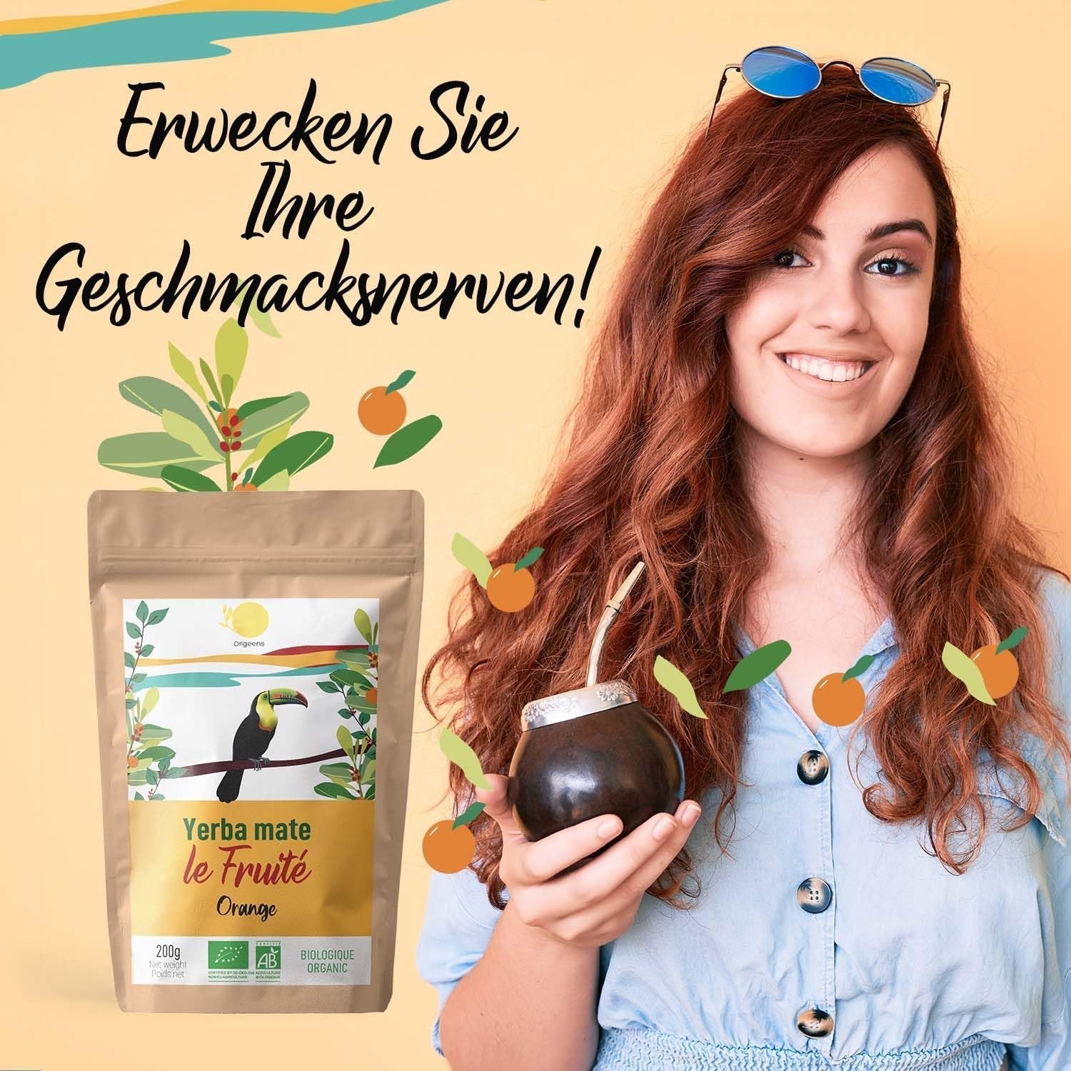 ORIGEENS BIO YERBA MATE alle arance 200 G - Tè fruttato I Tè Yerba Mate biologico non tostato, senza gambi e polvere I Bevanda energizzante e disintossicante