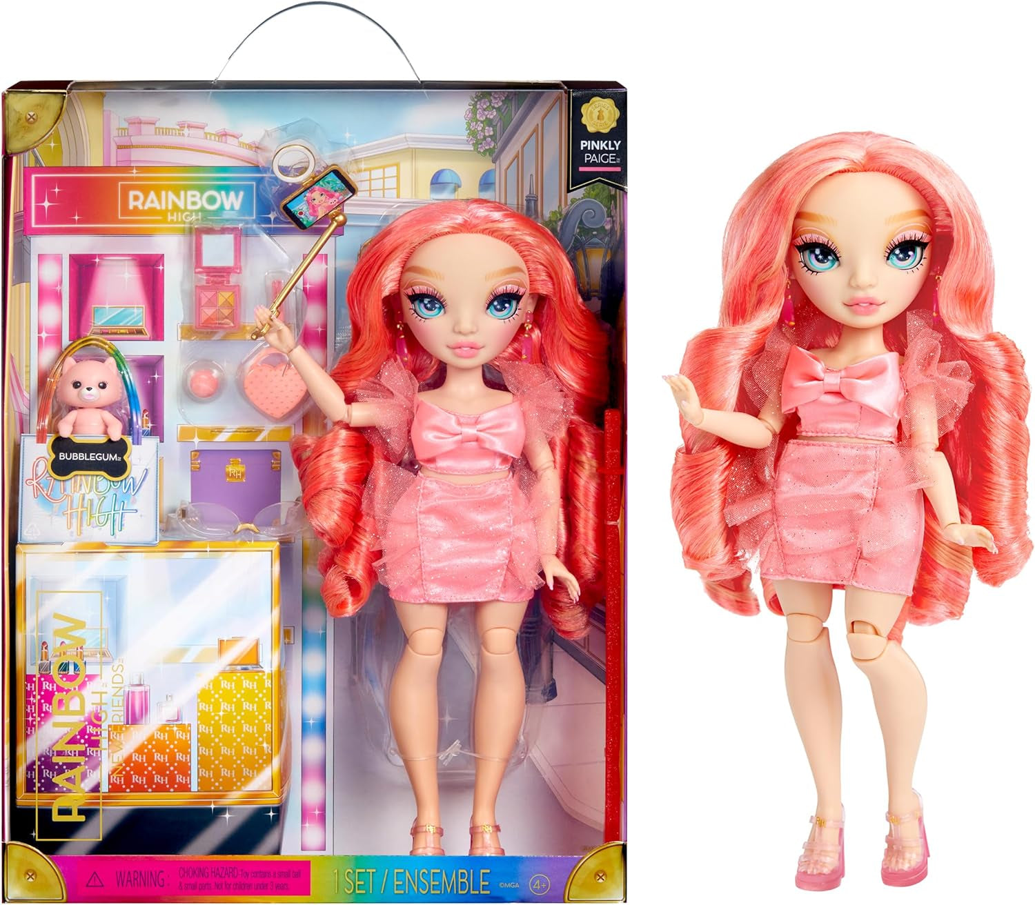 Bambola di Alta Moda Arcobaleno - Pinkly Paige - Bambola alla moda rosa con abito alla moda - con occhiali e oltre 10 accessori di gioco colorati - Ideale per bambini di 4-12 anni e collezionisti