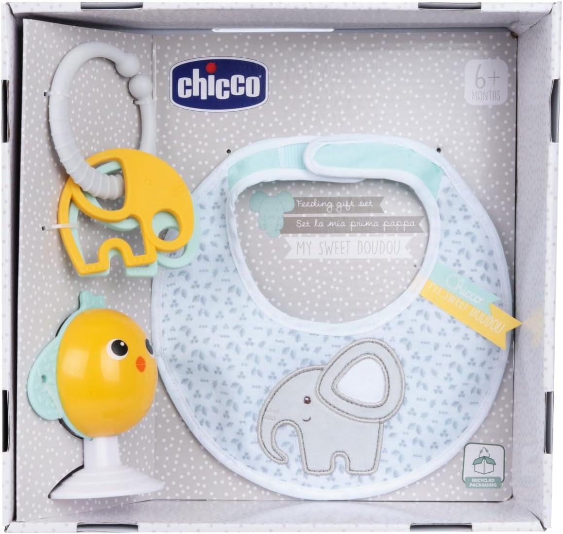 Set regalo pappa Chicco Dou Dou, set bavaglino, seggiolone giocattolo con ventosa a forma di simpatica gallina, con due sonagli colorati, facili da catturare a partire da 6 mesi Baby Toys Naty Shop Titolo predefinito