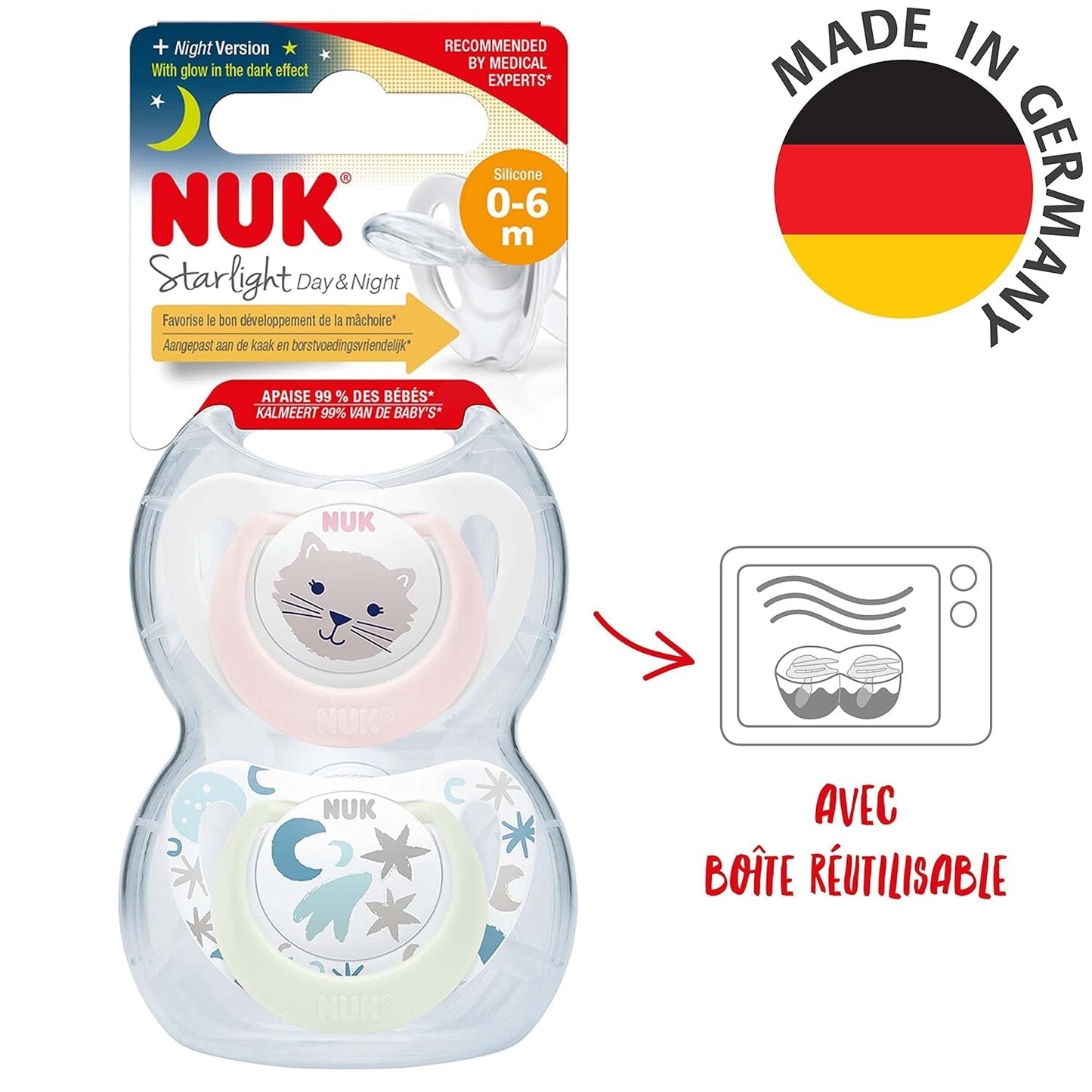 Ciuccio per bambini NUK Star Night & Day 0-6 mesi che si illumina al buio, in silicone rosa, senza BPA, confezione da 2