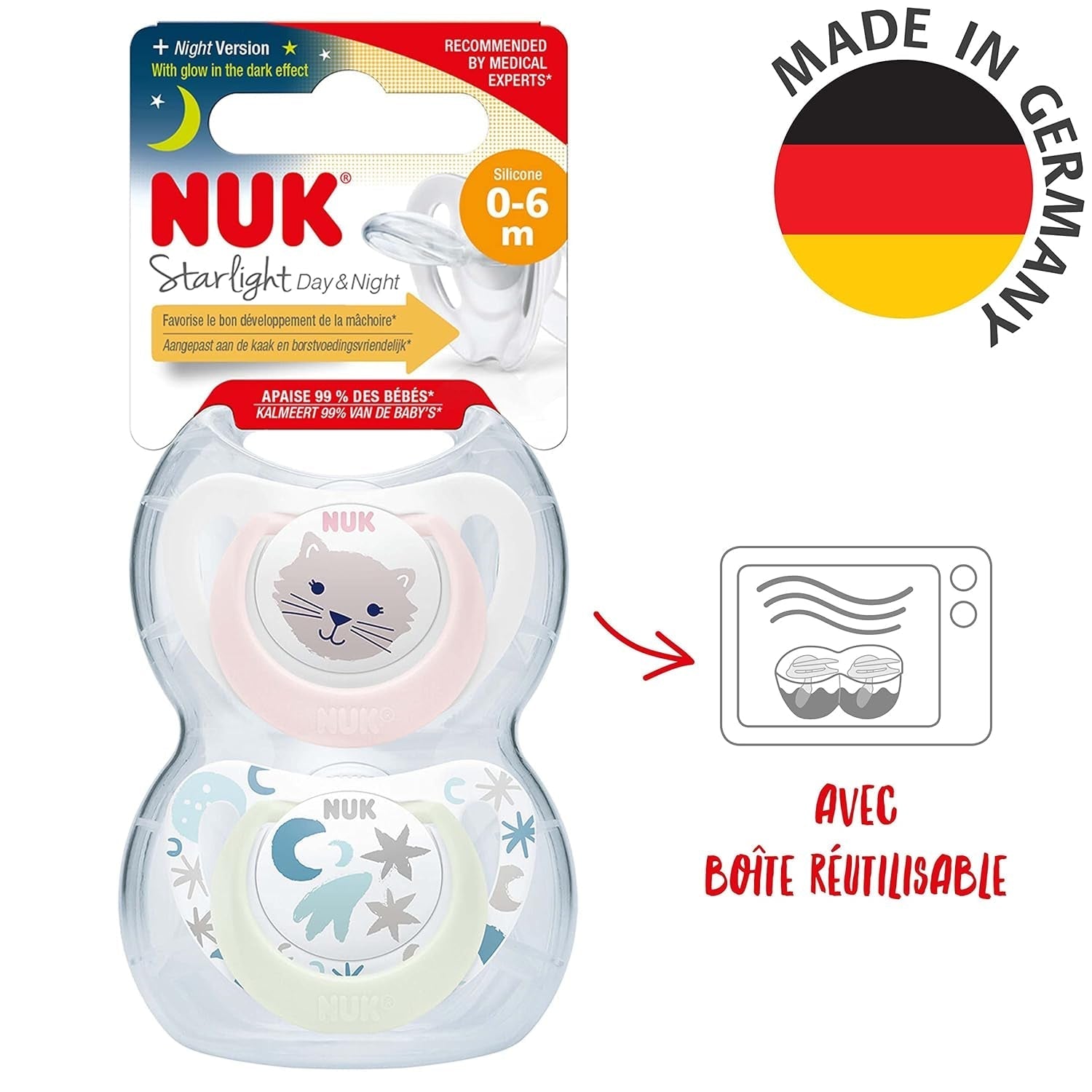 Ciuccio per bambini NUK Star Night & Day 0-6 mesi che si illumina al buio, in silicone rosa, senza BPA, confezione da 2