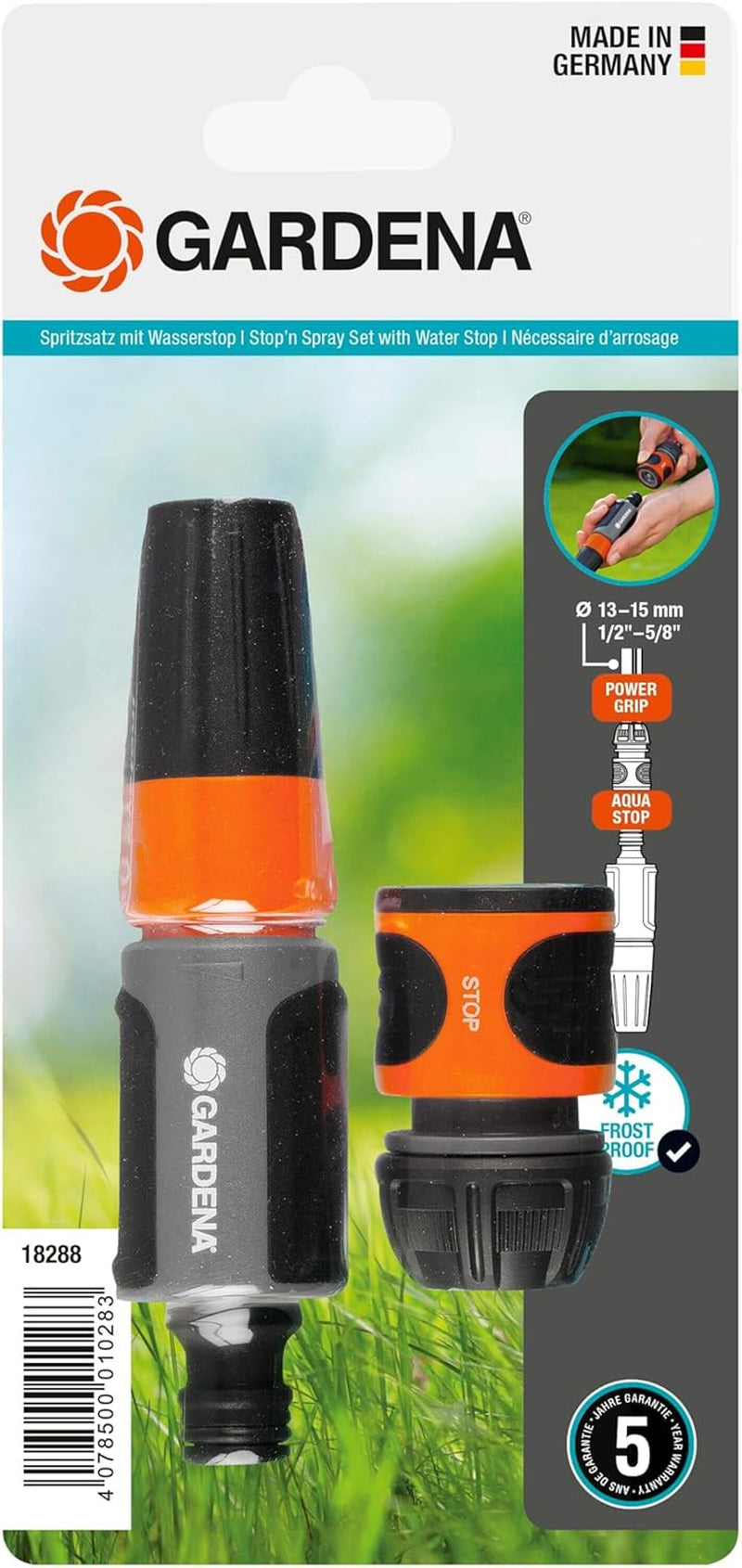 Set spray Gardena per tubi da 13 mm (1/2 pollice) e 15 mm (5/8 pollici): Set spray per pulizia con Aquastop per cambio rapido del collegamento (18288-20)
