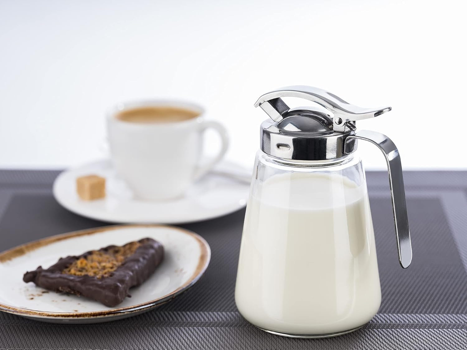 APS 765 Tazza universale, tazza versatrice in vetro con tappo a vite in acciaio inox, tazza versatrice per miele, crema al caffè o altri liquidi, 8,5 x 12 cm, altezza 13 cm