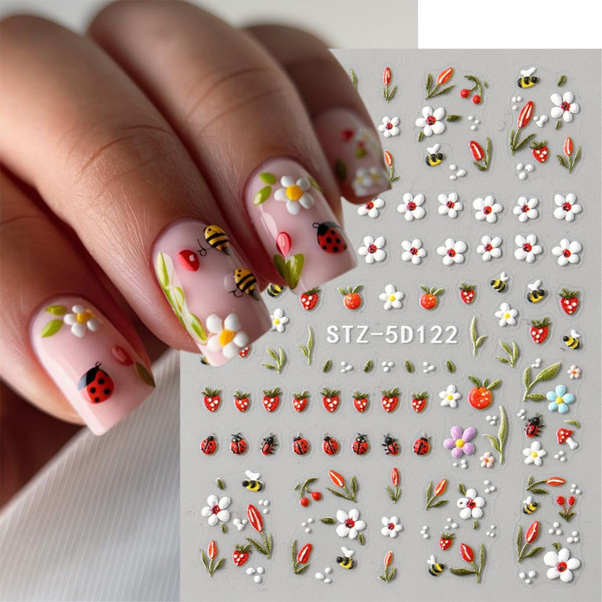 JMEOWIO 3D Nagelsticker Blumen Frucht Nail Art Sticker Selbstklebend Nagelaufkleber 5D Stereoscopico Decorazione Nageldesign Zubehör 4 Blatt