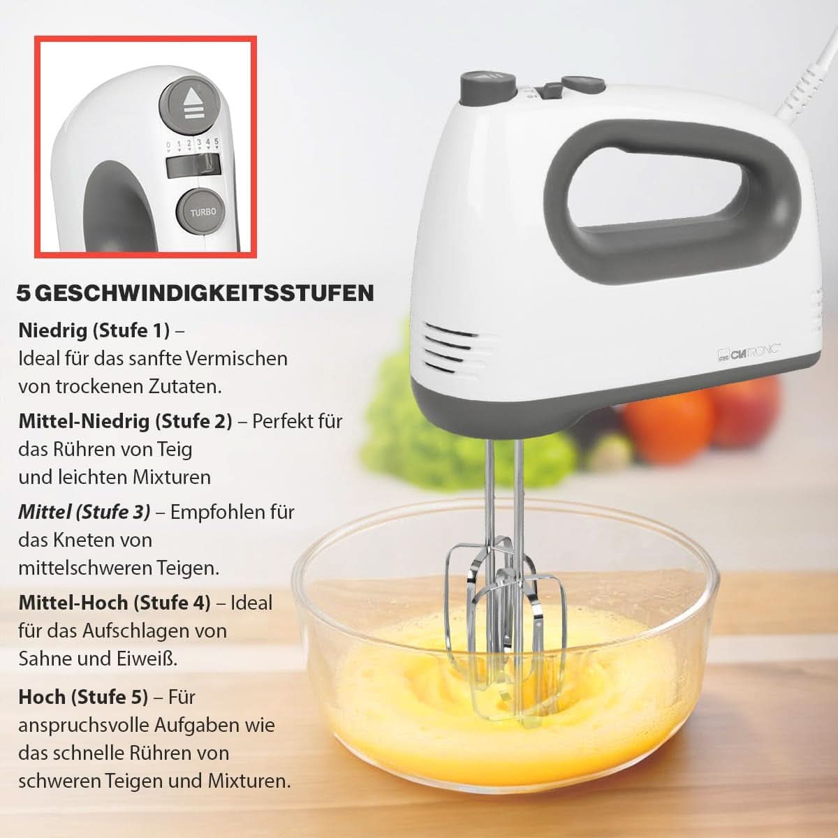 Mixer Clatronic | Motore Kraftvoller da 400 Watt | Sbattitore manuale | Turbostufe & 5 Geschwindigkeitsstufen | Sbattitore manuale | Spülmaschinengeeignete Edelstahlquirle Und -Knethaken | HM 3775 Cucina Naty Shop