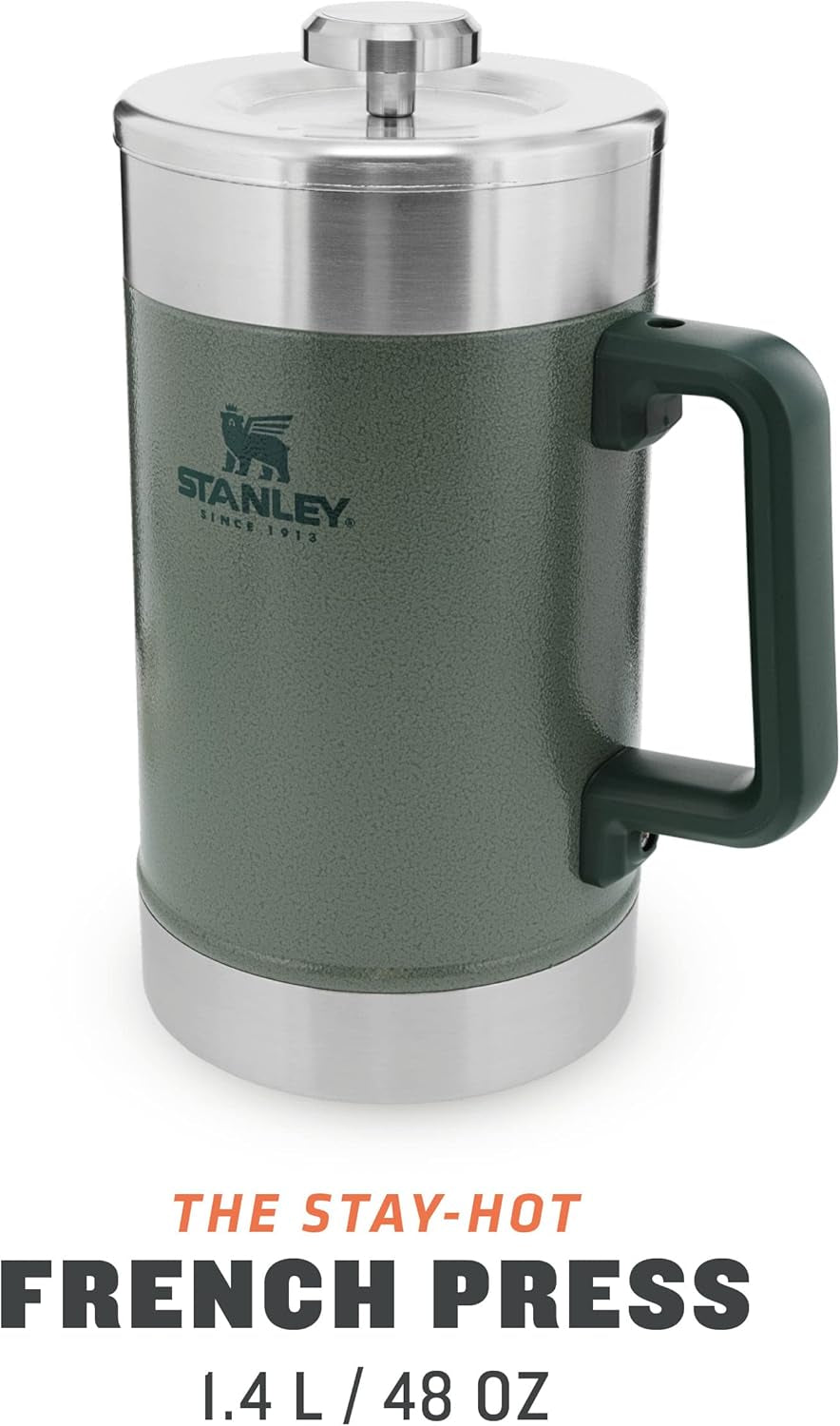 Pressa per caffè STANLEY Classic Stay Hot 1,4 L Hammertone Green - Mantiene il caffè caldo per 4 ore - Deposito minimo - Pressa per caffè integrata in acciaio inossidabile - Senza BPA - Lavabile in lavastoviglie