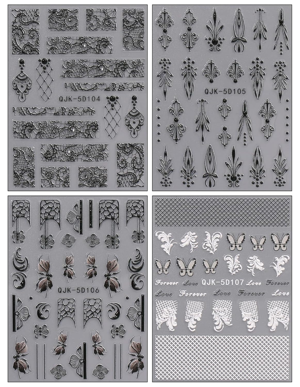 JMEOWIO 3D Nagelsticker Schwarz Weiß Blume Nail Art Sticker Self-klebend Nagelaufkleber 5D Stereoscopic Blumen Dekoration Nageldesign Zubehör 4 Blatt