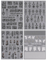 JMEOWIO 3D Nagelsticker Schwarz Weiß Blume Nail Art Sticker Self-klebend Nagelaufkleber 5D Stereoscopic Blumen Dekoration Nageldesign Zubehör 4 Blatt