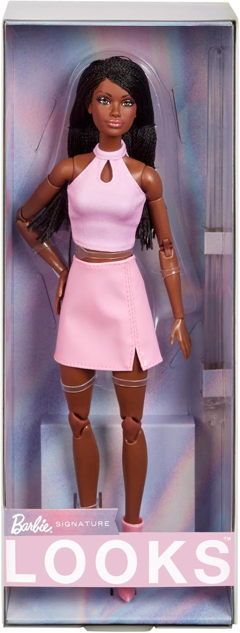 Bambola Barbie Looks, figura da collezione n. 21 con capelli neri intrecciati e moda moderna Y2K, top rosa alla caviglia e gonna in ecopelle con stivali, titolo predefinito HRM13 Naty Shop Dolls