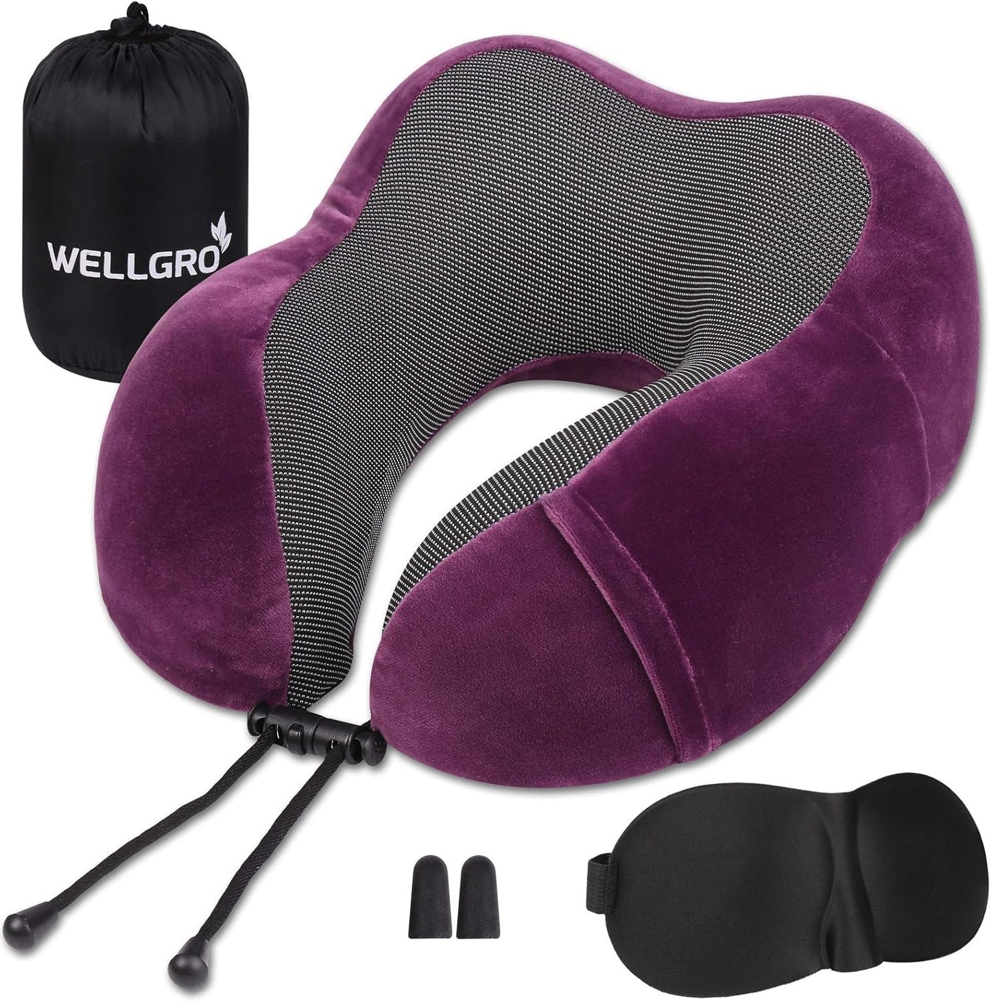 WELLGRO Set Cuscini per Collo con Maschera per Dormire 3D e Tappi per Le Orecchie - Fodera Rimovibile - Memory Foam - Chiusura con Cerniera - Inclusa Custodia - Cuscino da Viaggio - Colore Selezionabile, Colore:Grigio Naty Shop Cuscini Cervicali Ortopedici Fucsia