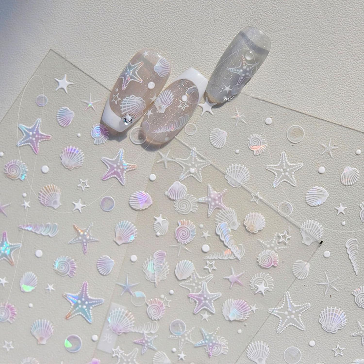 JMEOWIO 3D Nagelsticker Aurora Muschel Seestern Nail Art Sticker Self-klebend Nagelaufkleber 5D Stereoscopico Ozean Thema Dekoration Nageldesign Zubehör 1 Blatt