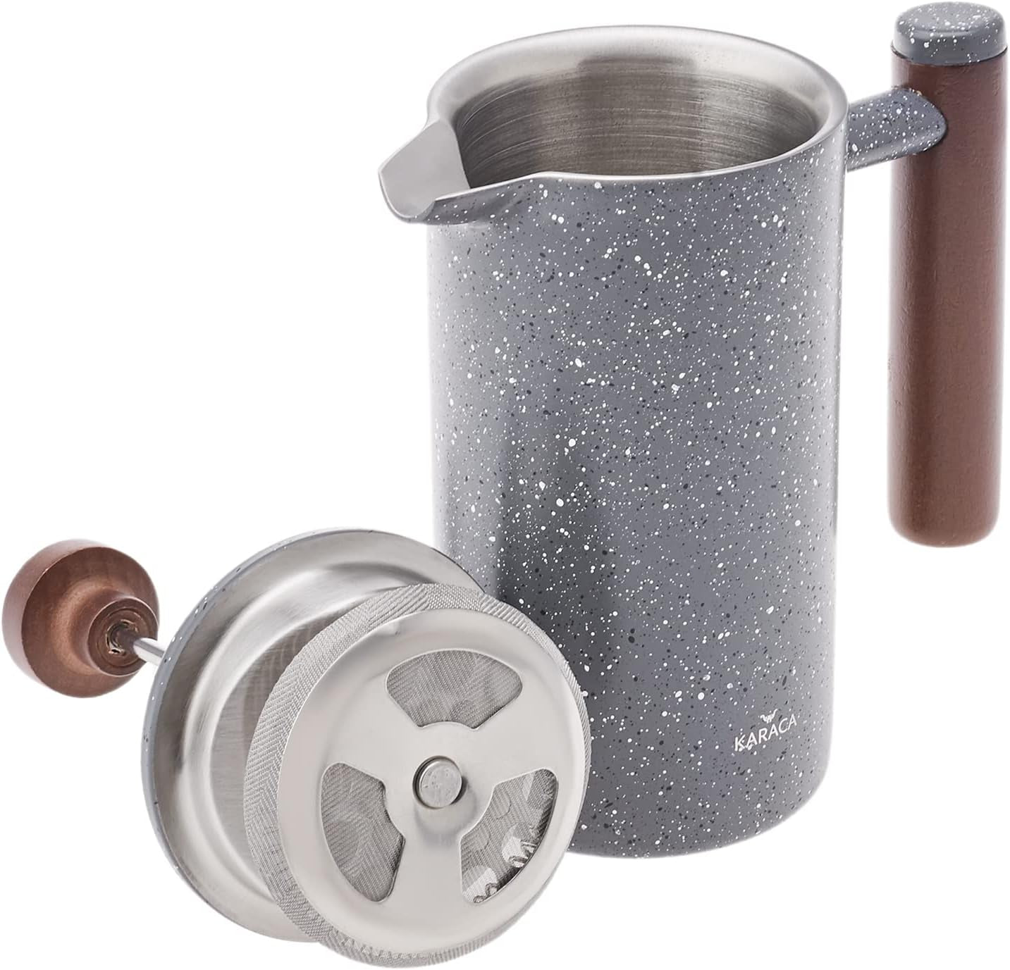 Pressa francese a doppia parete in marmo KARACA con manico in castagno - Pressa francese isolata per caffè - Caffettiera da campeggio da viaggio per la casa - 350 ml - Grigio scuro