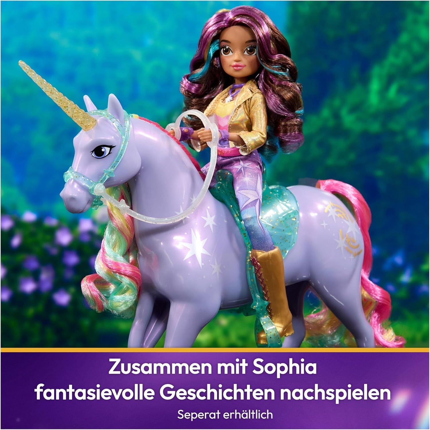 Wildstar Unicorn di Unicorn Academy - Unicorno originale Sophia alto 28 cm della serie Netflix con vera criniera e coda, briglie, sella e spazzola rimovibili, dai 4 anni in su