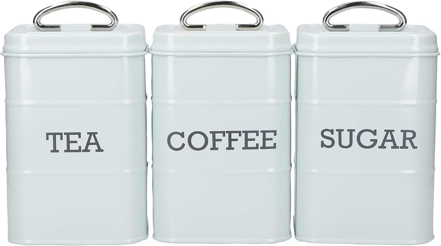 KitchenCraft Living Nostalgia Set di 3 barattoli per tè, zucchero e caffè in confezione regalo in acciaio color crema antico 11 cm x 11 cm x 17 cm Scatole per alimenti blu vintage Naty Shop Crema anticato