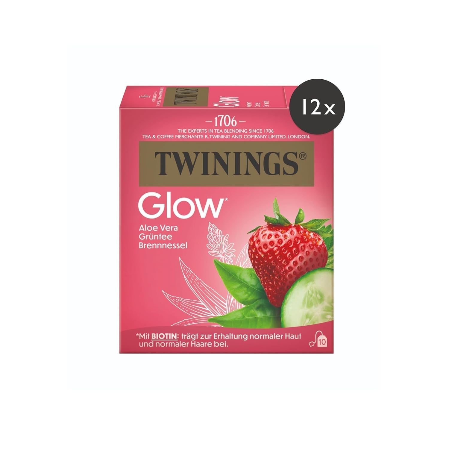 Twinings GLOW Tè verde all'aloe vera e ortica con biotina - Miscela di tisane per la cura naturale della pelle e dei capelli, confezione da 12 (10 bustine ciascuno)