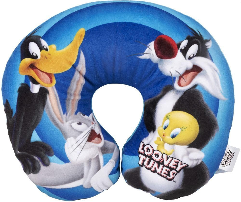 Warner Bros Looney Tunes Cuscino per il collo per neonate Morbido viaggio per auto Bugs Bunny Daffy Duck Silvestro Titti Comfort Cartoon Blu Naty Shop Cuscini da viaggio Titolo predefinito