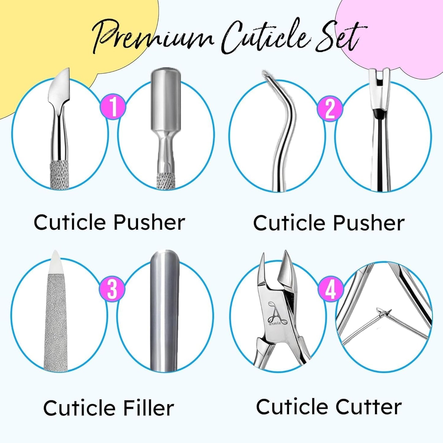 ARMIZ Set di 4 pinze e spingi cuticole, set di strumenti professionali per la rimozione delle cuticole, pinze multiuso per manicure e pedicure in acciaio inossidabile