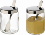 APS 40415 Pentola per senape, set da 2, ciascuno Ø 5 cm, H: 6 cm, vetro, acciaio inossidabile, incl. cucchiaio e coperchio