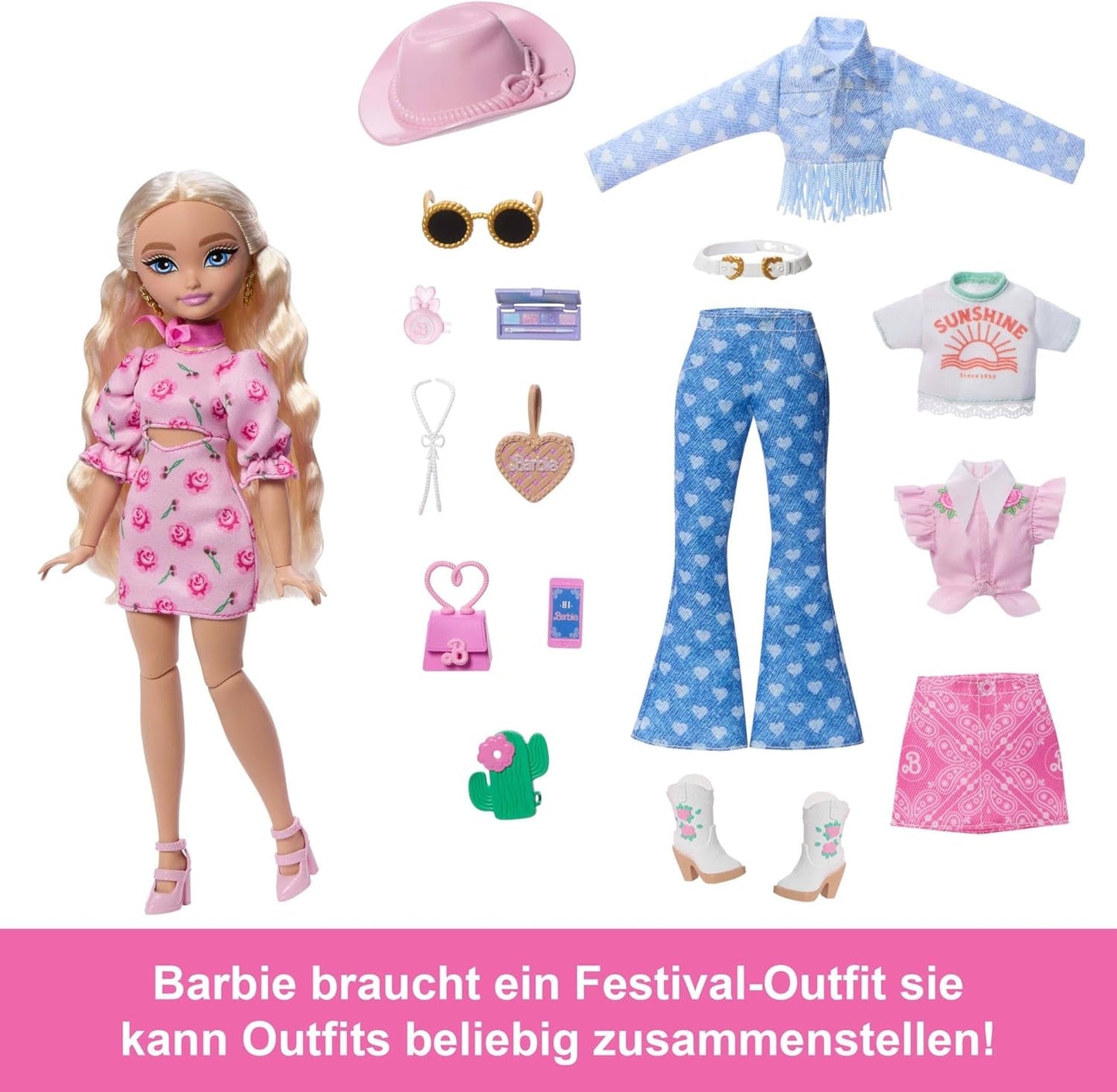 Set Barbie Dream Besties Festival Looks, con la bambola Barbie Malibu con lunghi capelli biondi per lo styling e oltre 10 vestiti e accessori rimovibili, JGH87