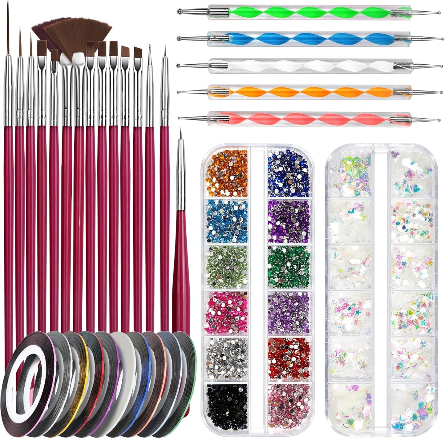 FANDAMEI Set di pennelli per nail art, 15 pezzi di pinsel per gel Nägel Nagel Pinsel, 5 pezzi di penna a pois, 10 rotoli di nastro adesivo, strasssteine ​​​​Nägel, ultra dünn Nagel Paillettes per nail art Maniküre Set