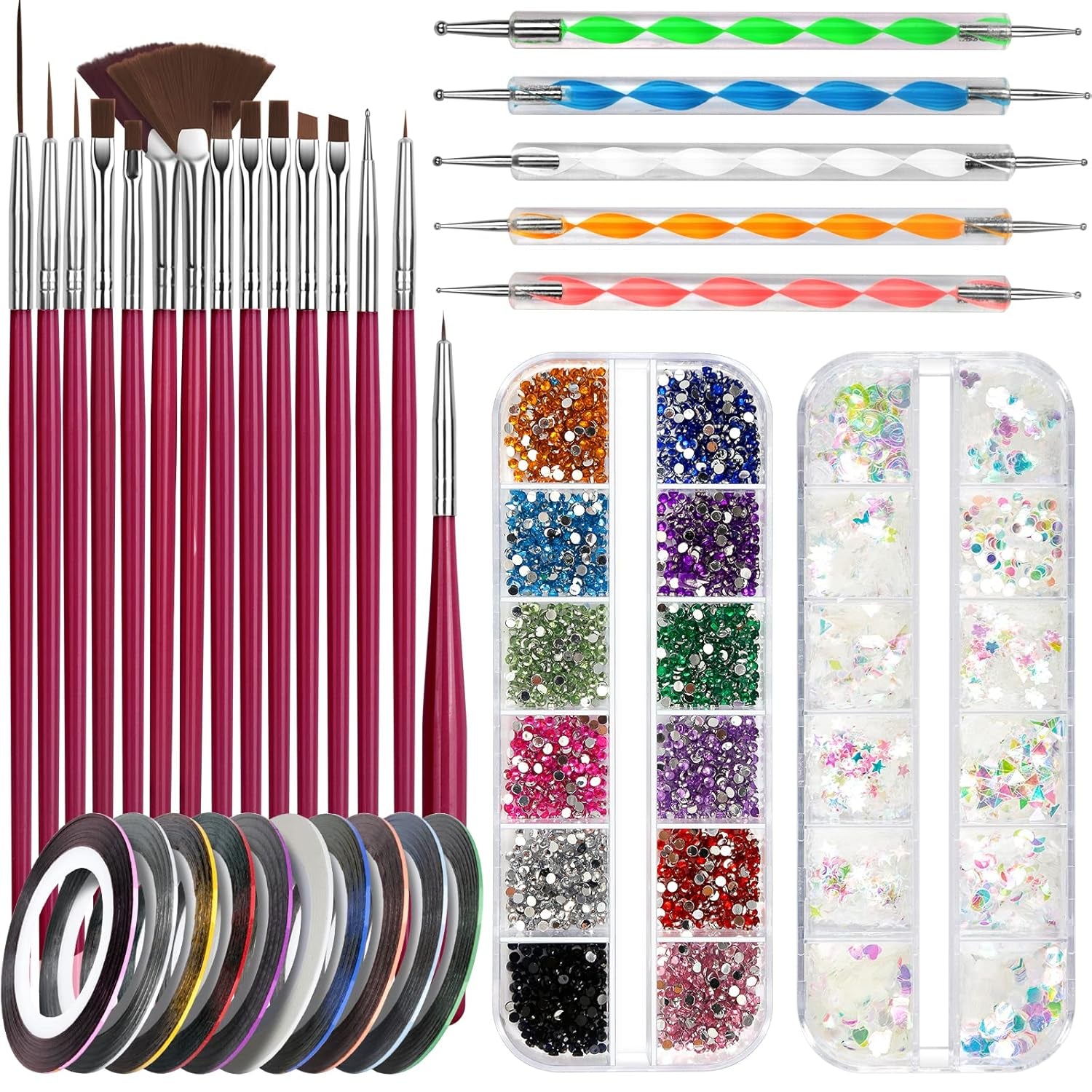 FANDAMEI Set di pennelli per nail art, 15 pezzi di pinsel per gel Nägel Nagel Pinsel, 5 pezzi di penna a pois, 10 rotoli di nastro adesivo, strasssteine ​​​​Nägel, ultra dünn Nagel Paillettes per nail art Maniküre Set