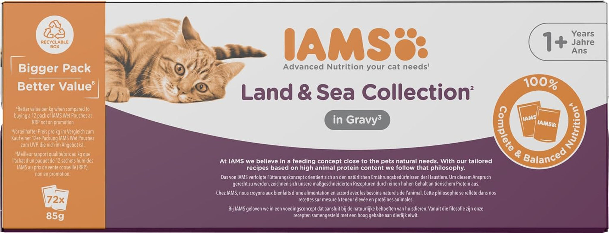 IAMS Delights Collezione Land & Sea Cibo umido per gatti - Assortimento di carne e pesce Multipack in salsa, Cibo umido per gatti da 1 anno, 72 x 85 g