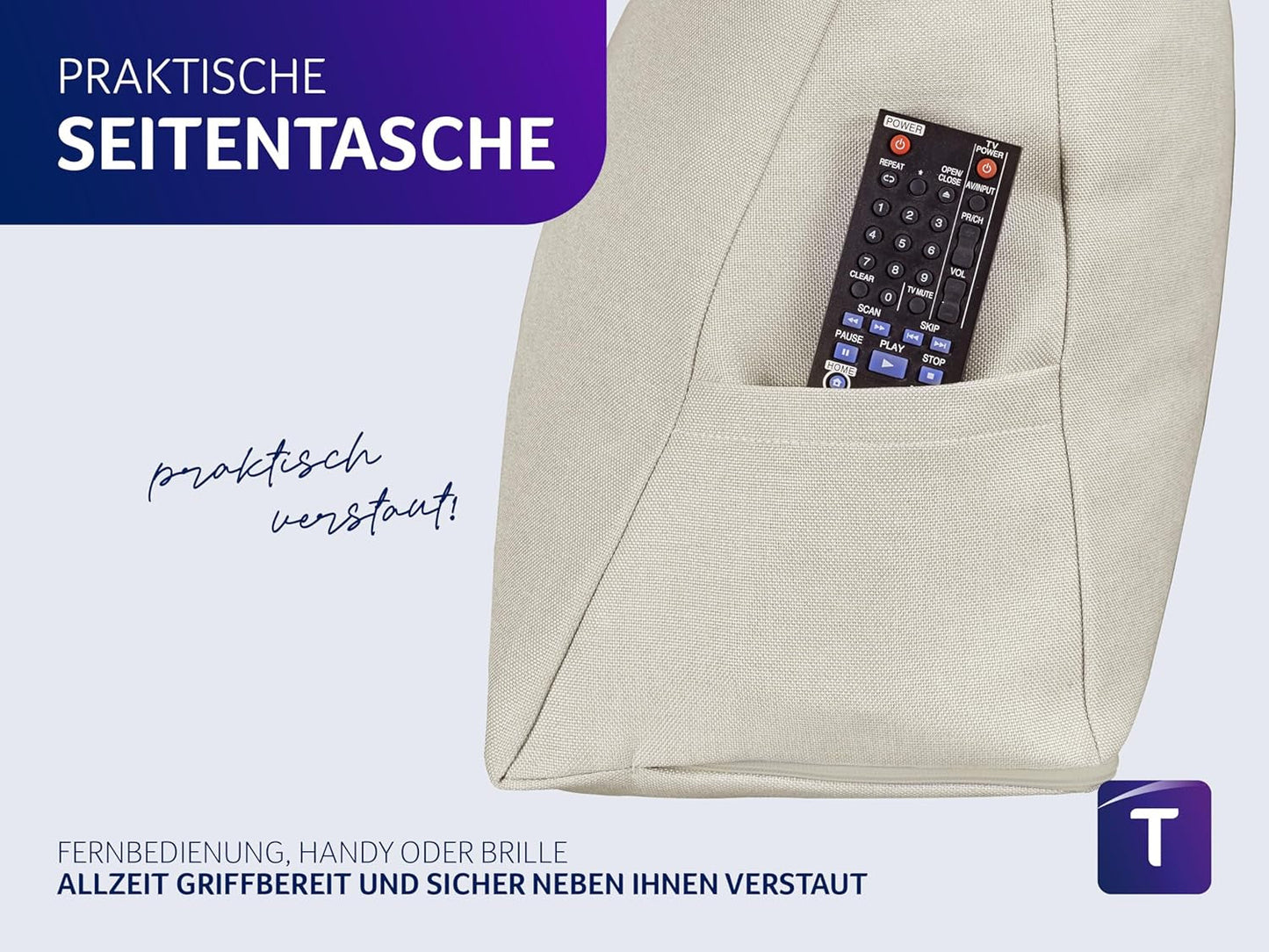 Cuscino Traumnacht Cozy Back, cuscino da lettura, 70 x 40 cm beige, rivestimento sfoderabile e lavabile in 100% poliestere, pratica tasca laterale, certificato Oeko-Tex, prodotto secondo gli standard di qualità tedeschi