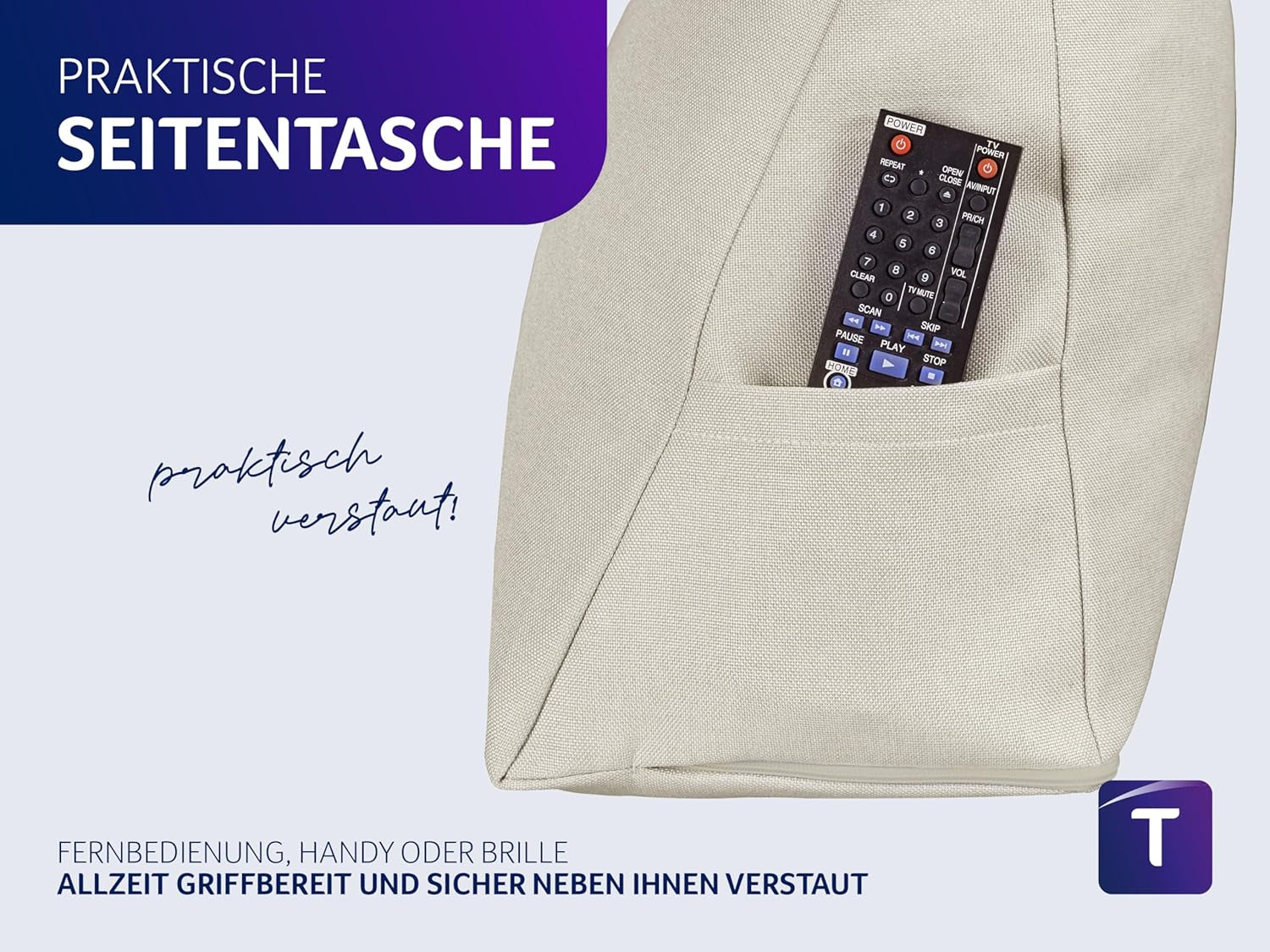 Cuscino Traumnacht Cozy Back, cuscino da lettura, 70 x 40 cm beige, rivestimento sfoderabile e lavabile in 100% poliestere, pratica tasca laterale, certificato Oeko-Tex, prodotto secondo gli standard di qualità tedeschi
