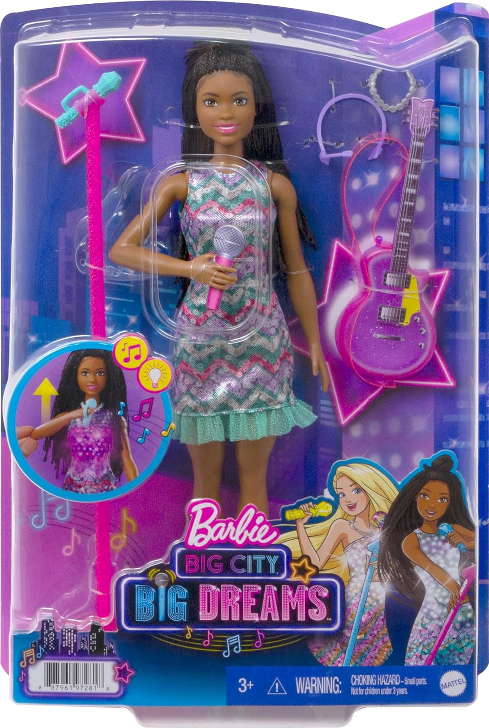 Barbie GYJ22 - palco gratis per la bambola Big Dream Brooklyn (circa 30 cm, trecce marroni) con canzoni del film, luci, microfono e accessori, regalo per bambini dai 3 anni Naty Shop Dolls