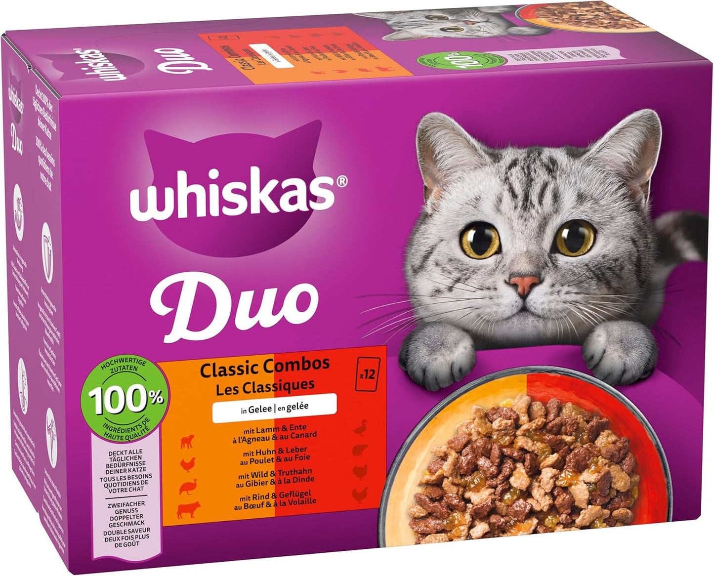 WHISKAS Duo Bustine per Alimenti Umidi, Confezione Multipla, Combinazione Classica in Gelatina, 12 x 85g