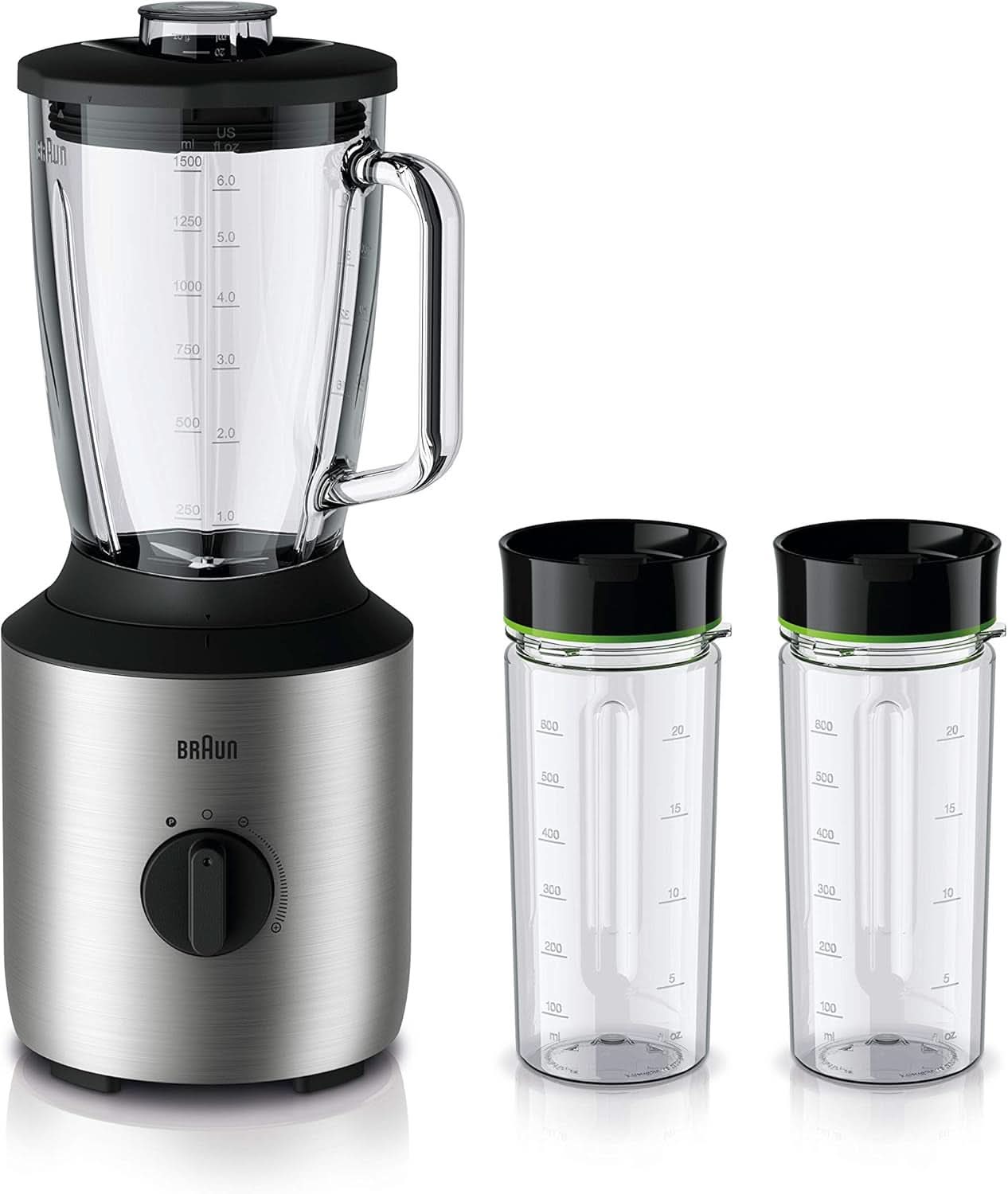 Braun Powerblend 3 JB 3150 BK Robot da cucina - 1,5 L Glass-Mixaufsatz, Küchenhelfer Zum Zerkleinern, Pürieren & Mixen, 800 Watt, Schwarz Kitchen Naty Shop Edelstahl/Schwarz Single
