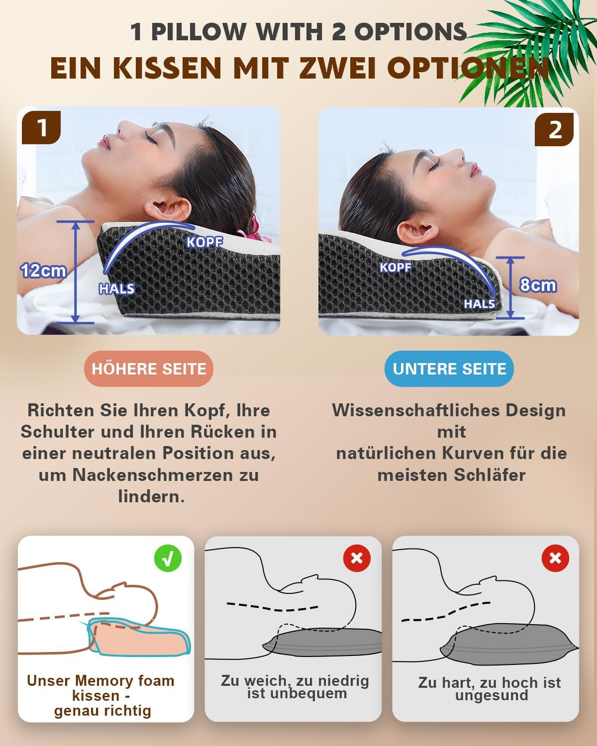 Cuscino per dolore al collo, cuscino ergonomico ortopedico per il collo, cuscino in memory foam addominale laterale posteriore, cuscino antirussamento per uomini e donne (62 * 34,5 * 12/8 CM) Cuscini ortopedici cervicali Naty Shop